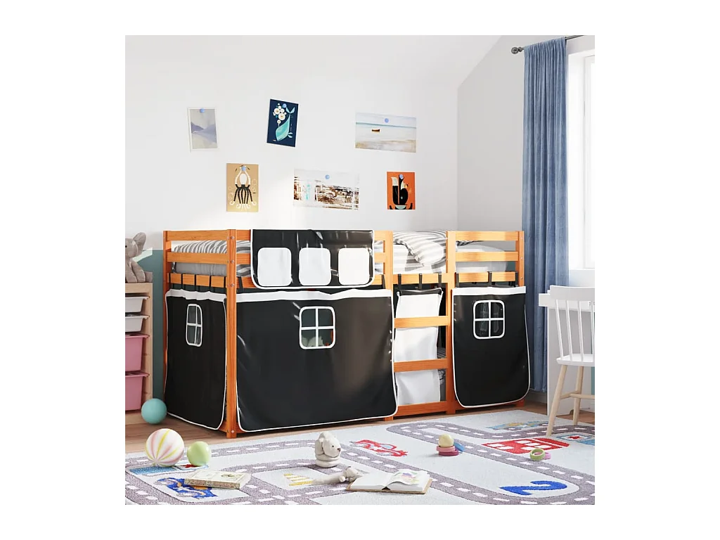 Etagenbett mit Vorhängen Weiß Schwarz 90x200 cm Kiefernholz