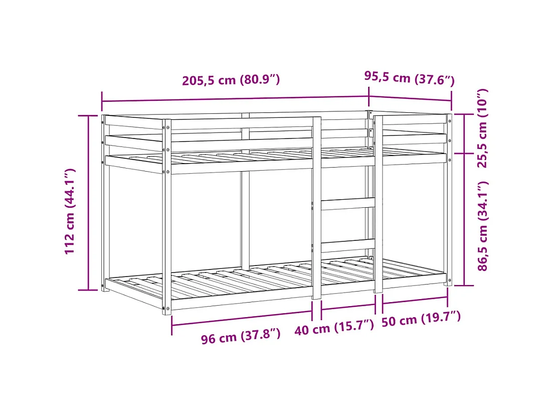 Etagenbett mit Vorhängen Weiß Schwarz 90x200 cm Kiefernholz