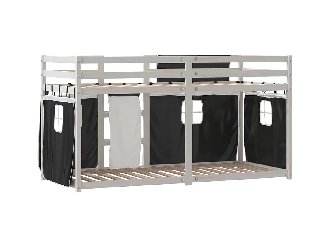 Etagenbett mit Vorhängen Weiß Schwarz 90x200 cm Kiefernholz