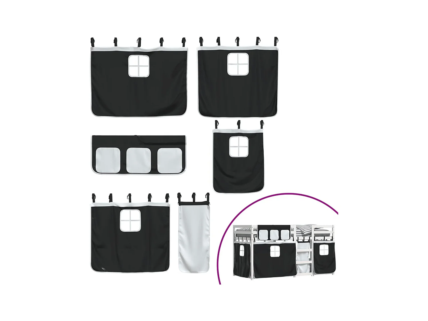 Etagenbett mit Vorhängen Weiß Schwarz 90x200 cm Kiefernholz