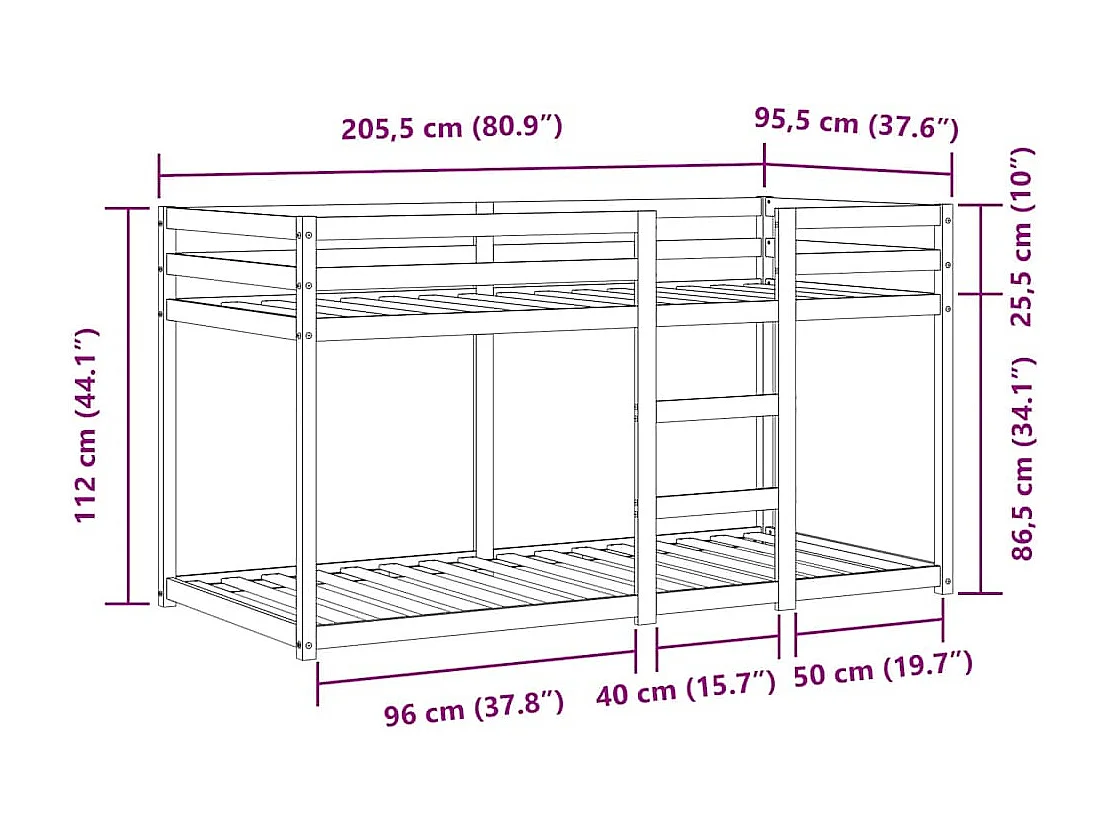 Lit superposé sans matelas 90x200 cm bois de pin massif
