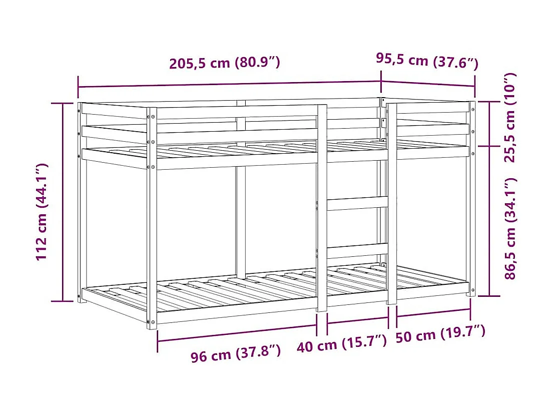 Lit superposé sans matelas 90x200 cm bois de pin massif