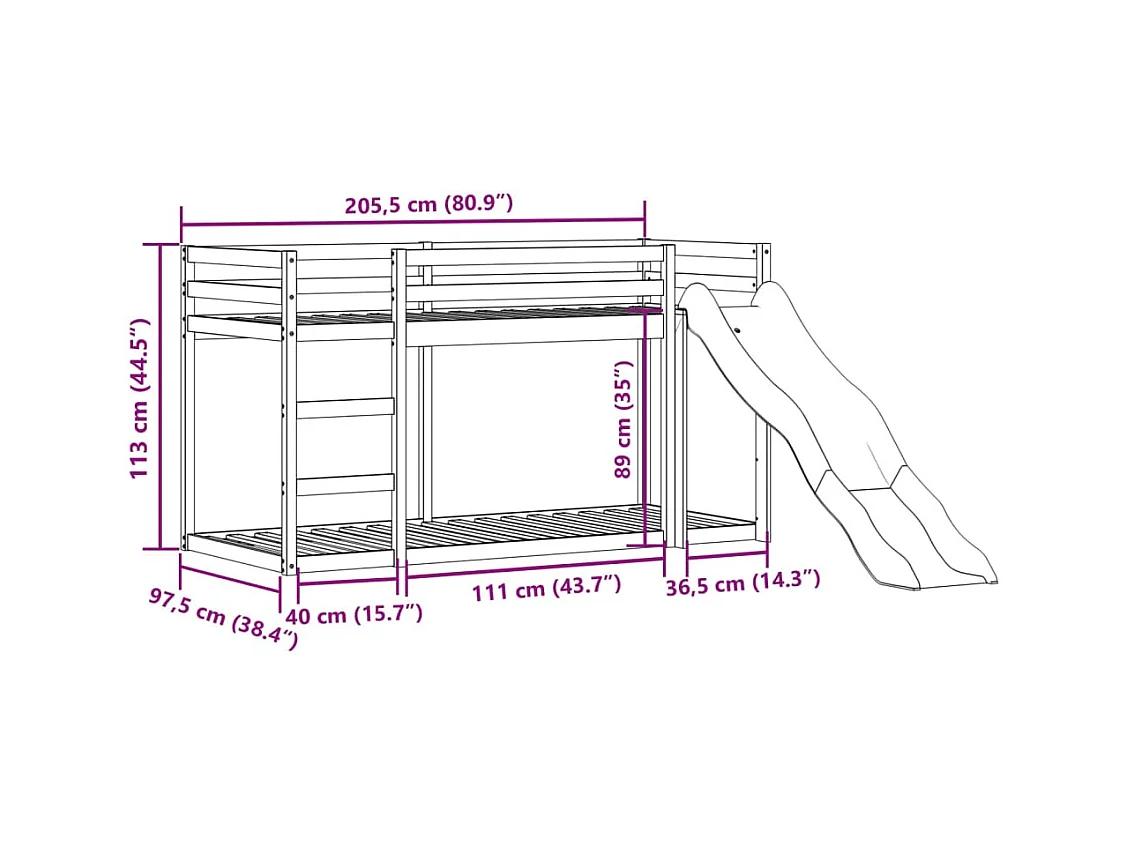 Lit superposé avec toboggan et échelle sans matelas 90x200 cm