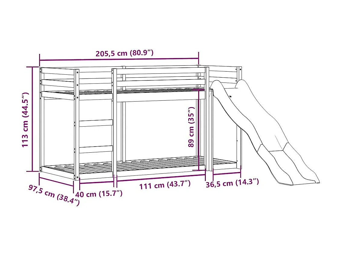 Lit superposé avec toboggan et échelle sans matelas 90x200 cm