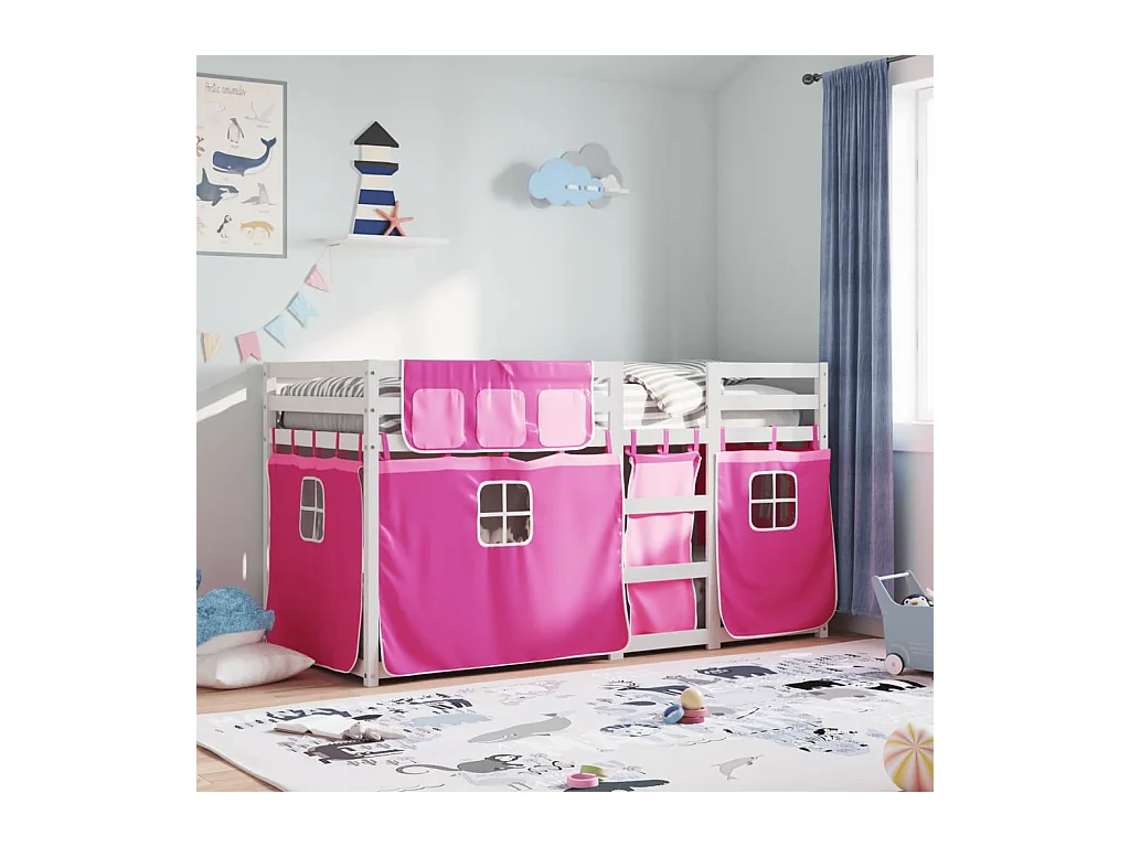 Stapelbed met gordijnen 90x200 cm grenenhout roze