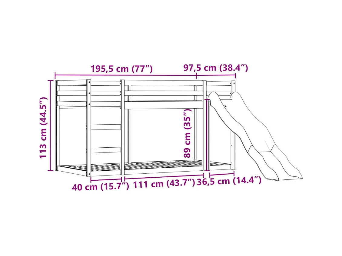 Lit superposé sans matelas avec toboggan blanc noir 90x190 cm