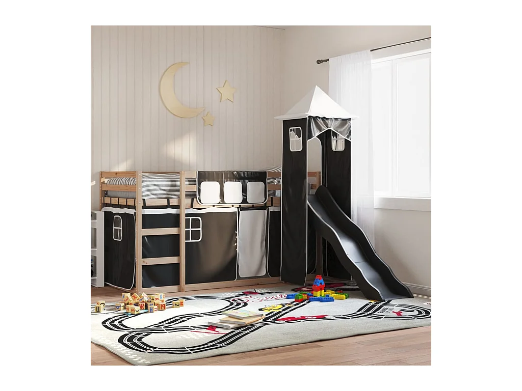 Lit superposé sans matelas avec toboggan blanc noir 90x190 cm