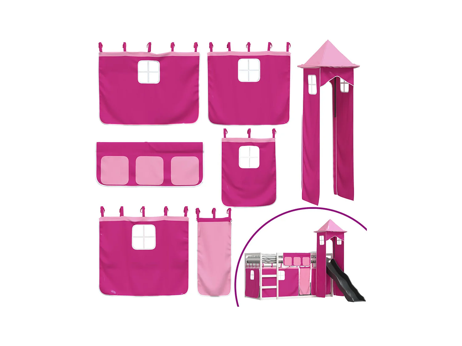 Stapelbed met glijbaan en gordijnen roze 80x200 cm