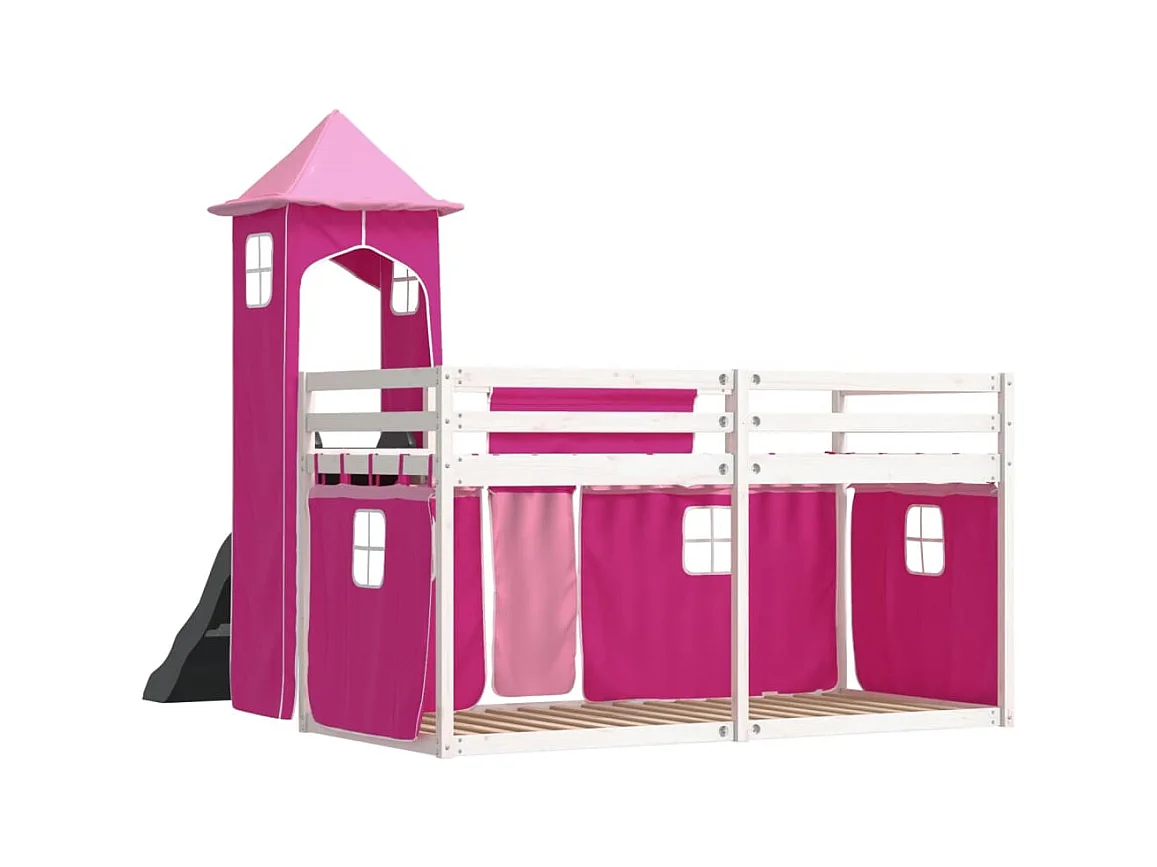 Stapelbed met glijbaan en gordijnen roze 80x200 cm