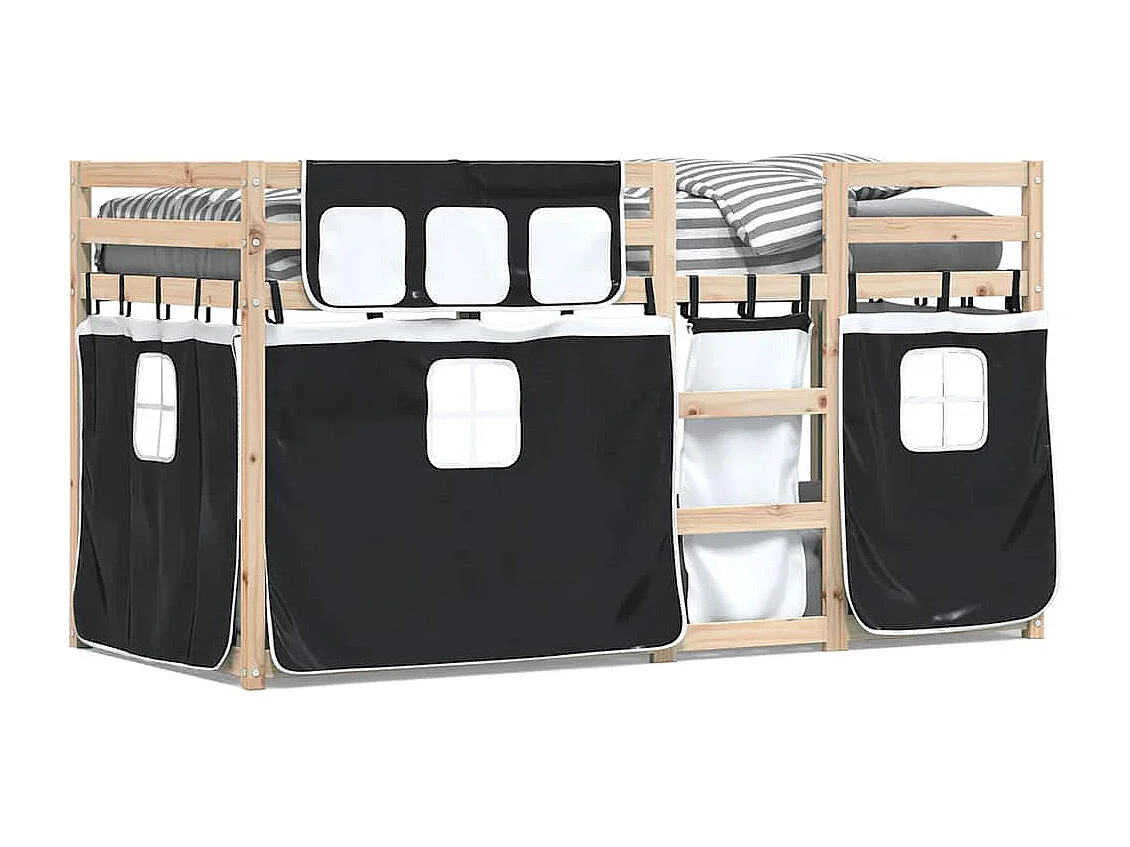 Stapelbed met gordijnen 80x200 cm grenenhout wit en zwart