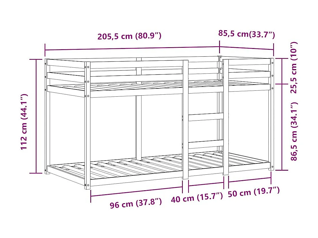Lit superposé sans matelas 80x200 cm bois de pin massif