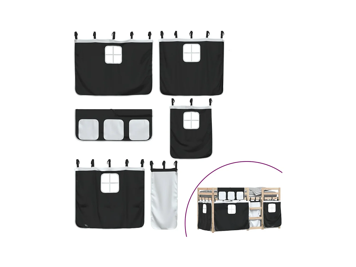 Etagenbett mit Vorhängen Weiß Schwarz 90x200 cm Kiefernholz