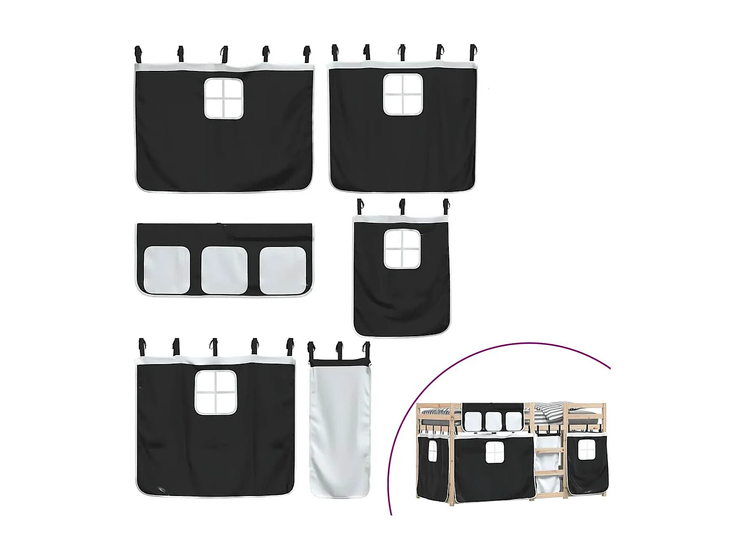 Litera con cortinas madera maciza pino blanco y negro 90x200 cm