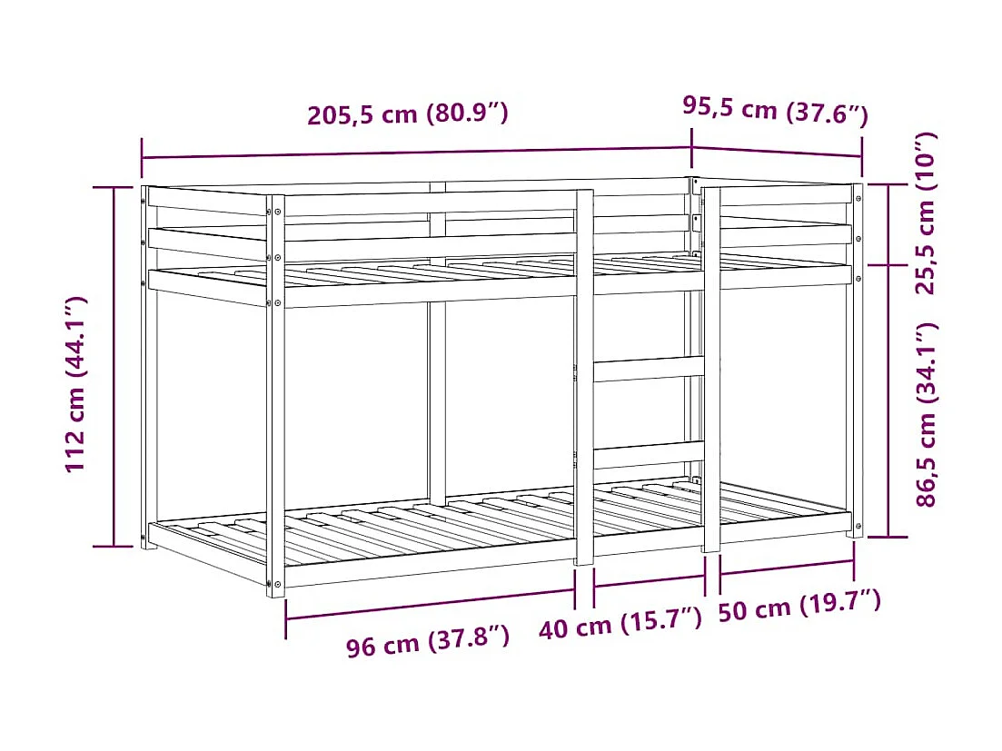 Lit superposé sans matelas 90x200 cm bois de pin massif