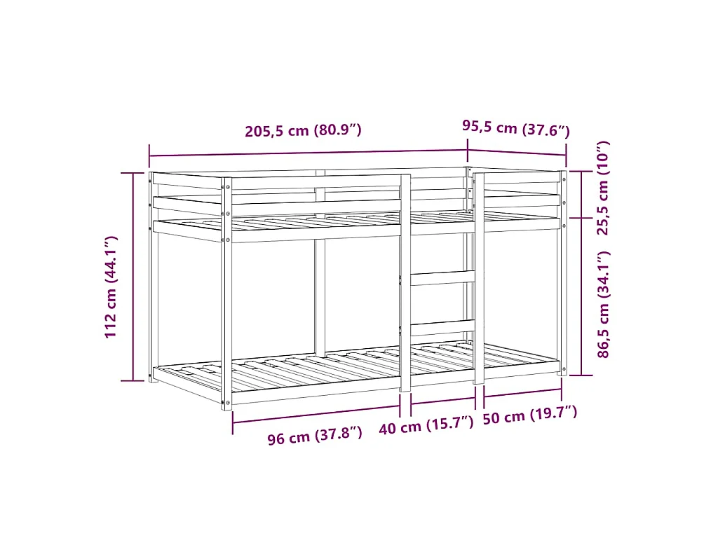 Lit superposé sans matelas 90x200 cm bois de pin massif