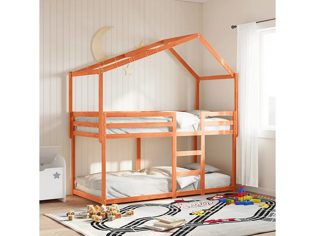 Etagenbett mit Dach Wachsbraun 80x200 cm Massivholz Kiefer