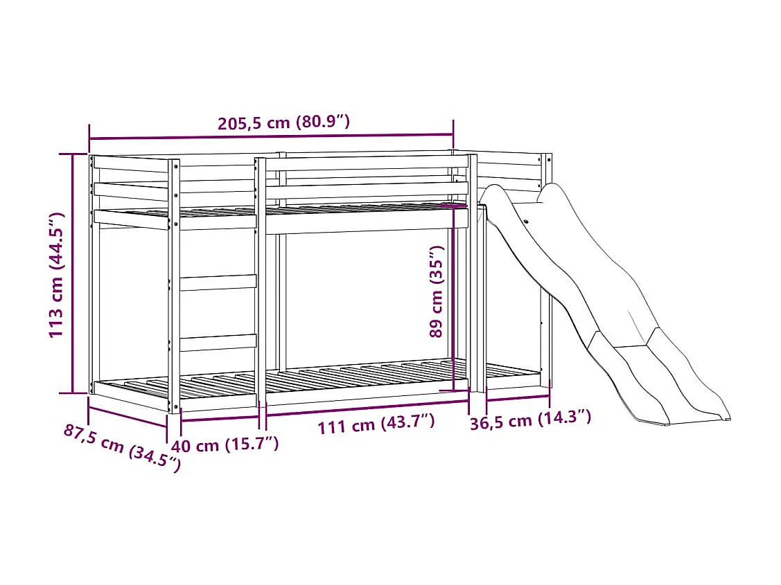 Lit superposé avec toboggan et échelle sans matelas 80x200 cm