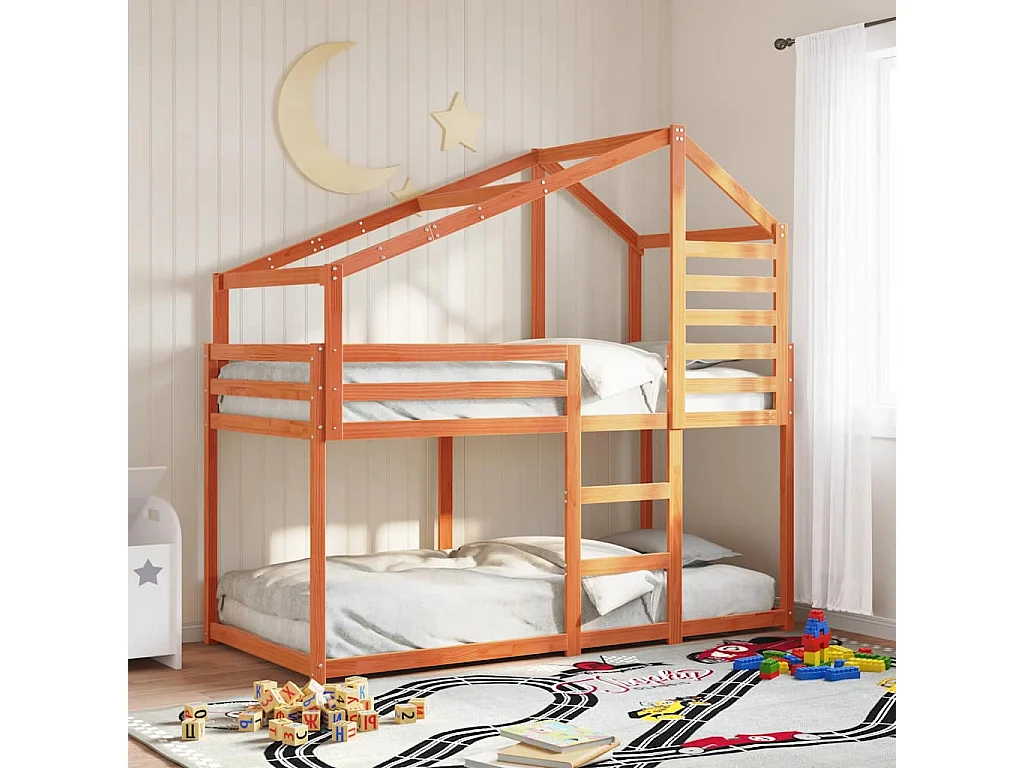 Etagenbett mit Dach Wachsbraun 80x200 cm Massivholz Kiefer
