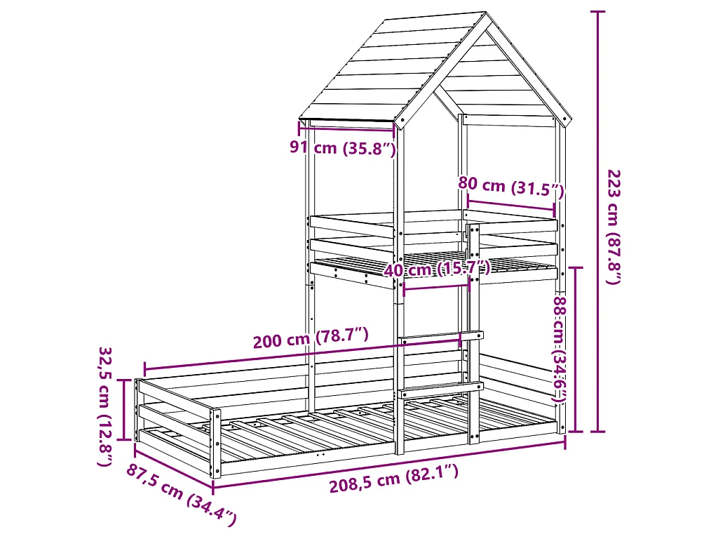 Lit superposé sans matelas cire marron 80x200 cm pin massif