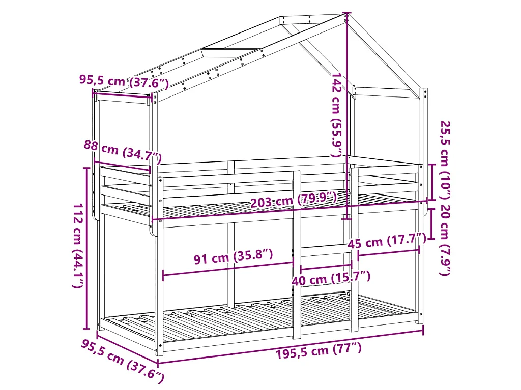 Letto a Castello senza Materasso 90x190 cm Legno di Pino