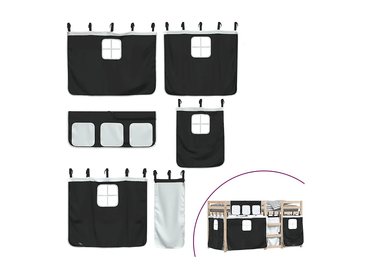 Litera con cortinas madera maciza pino blanco y negro 90x190 cm