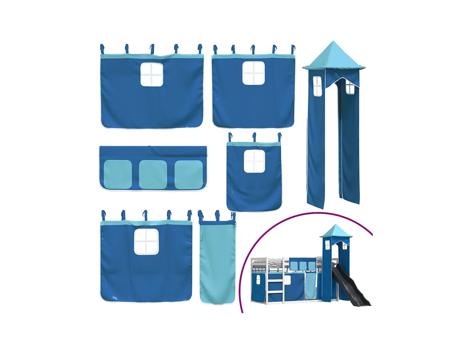 Lit superposé sans matelas avec toboggan et rideaux 90x190 cm