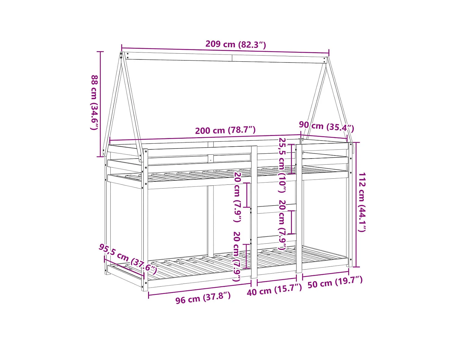Lit superposé sans matelas 80x200 cm bois de pin massif