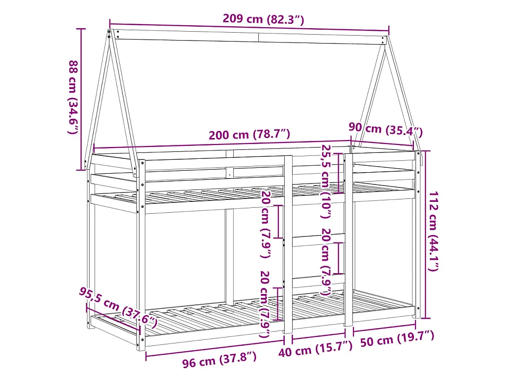 Lit superposé sans matelas 80x200 cm bois de pin massif