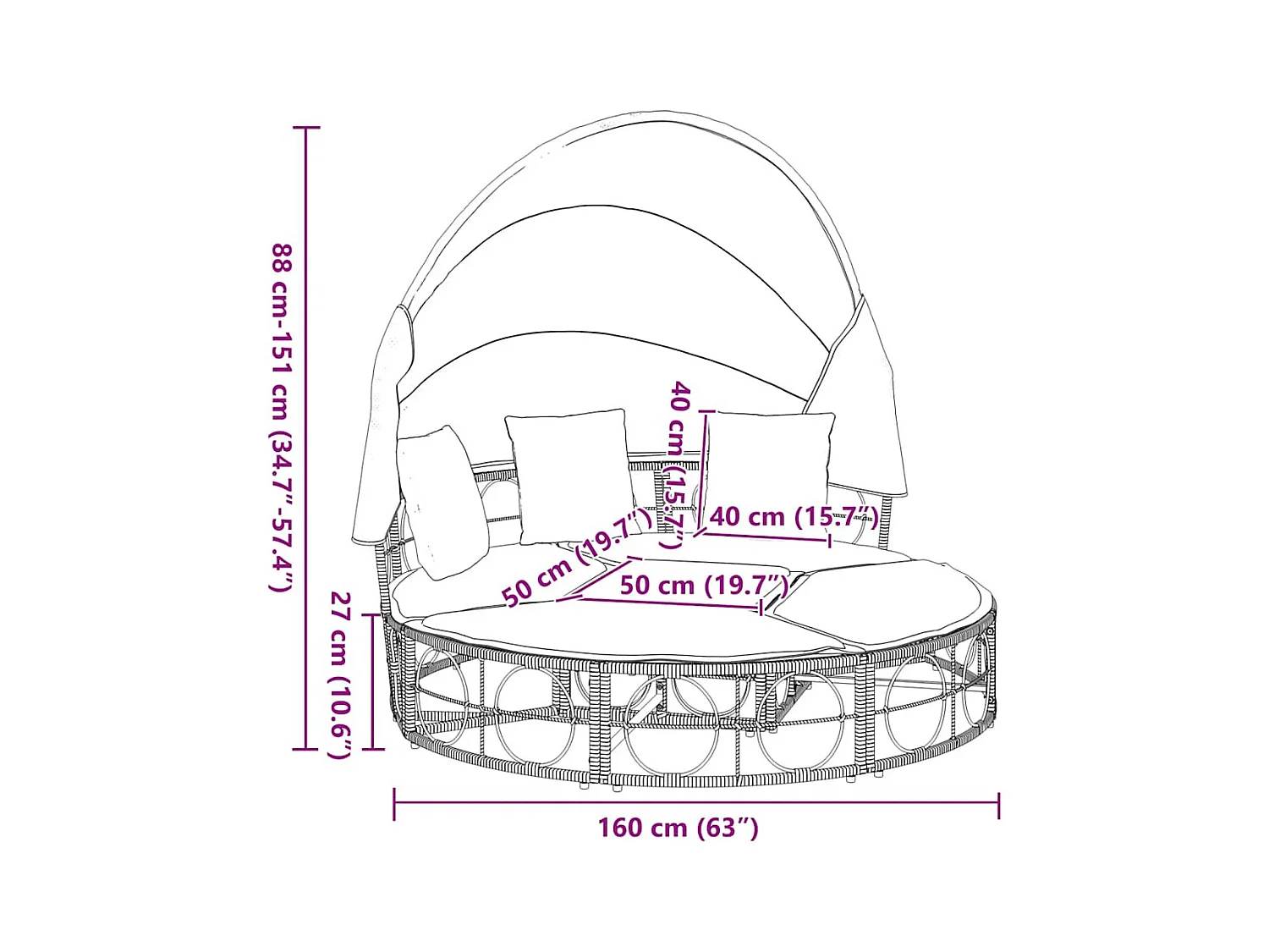 Lit de repos d'extérieur avec auvent et coussins résine tressée