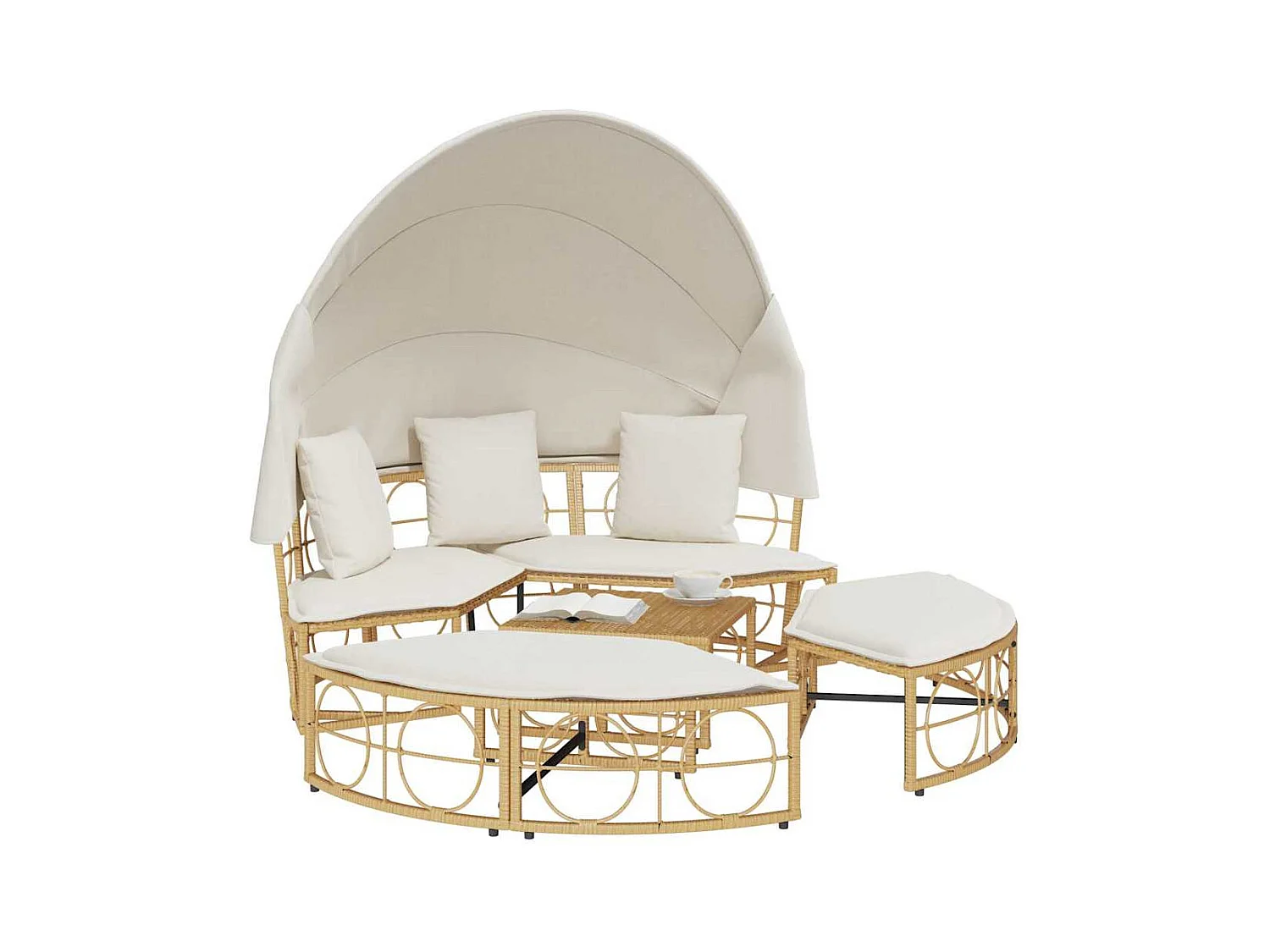 Lit de repos d'extérieur avec auvent et coussins résine tressée