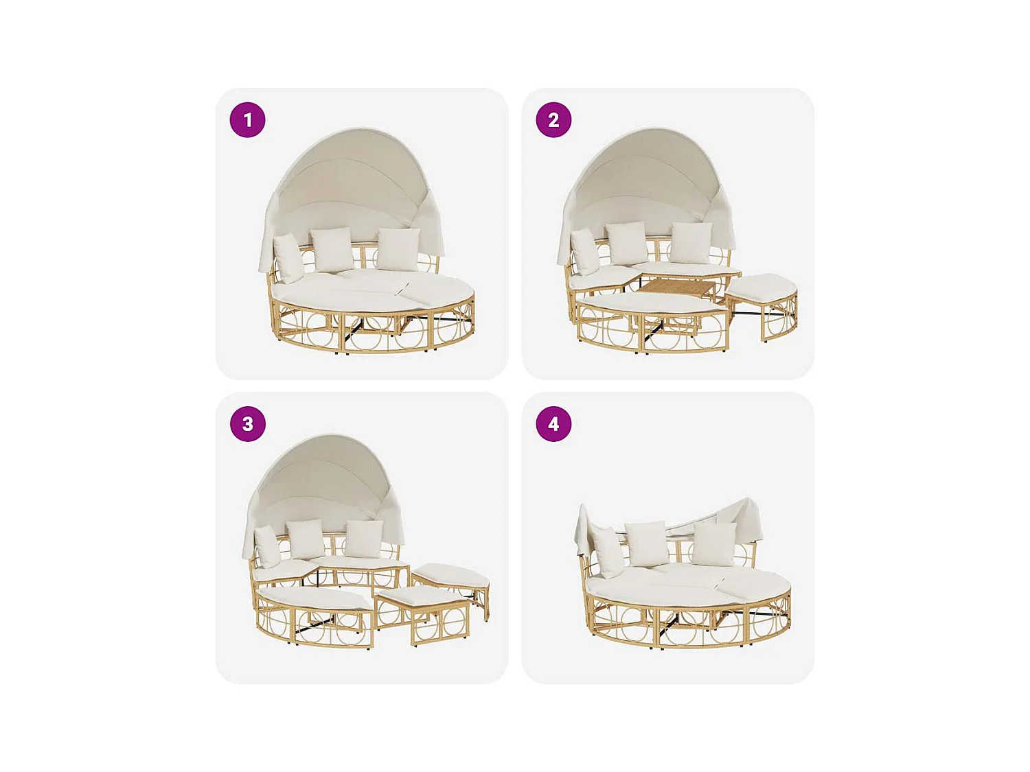 Lit de repos d'extérieur avec auvent et coussins résine tressée