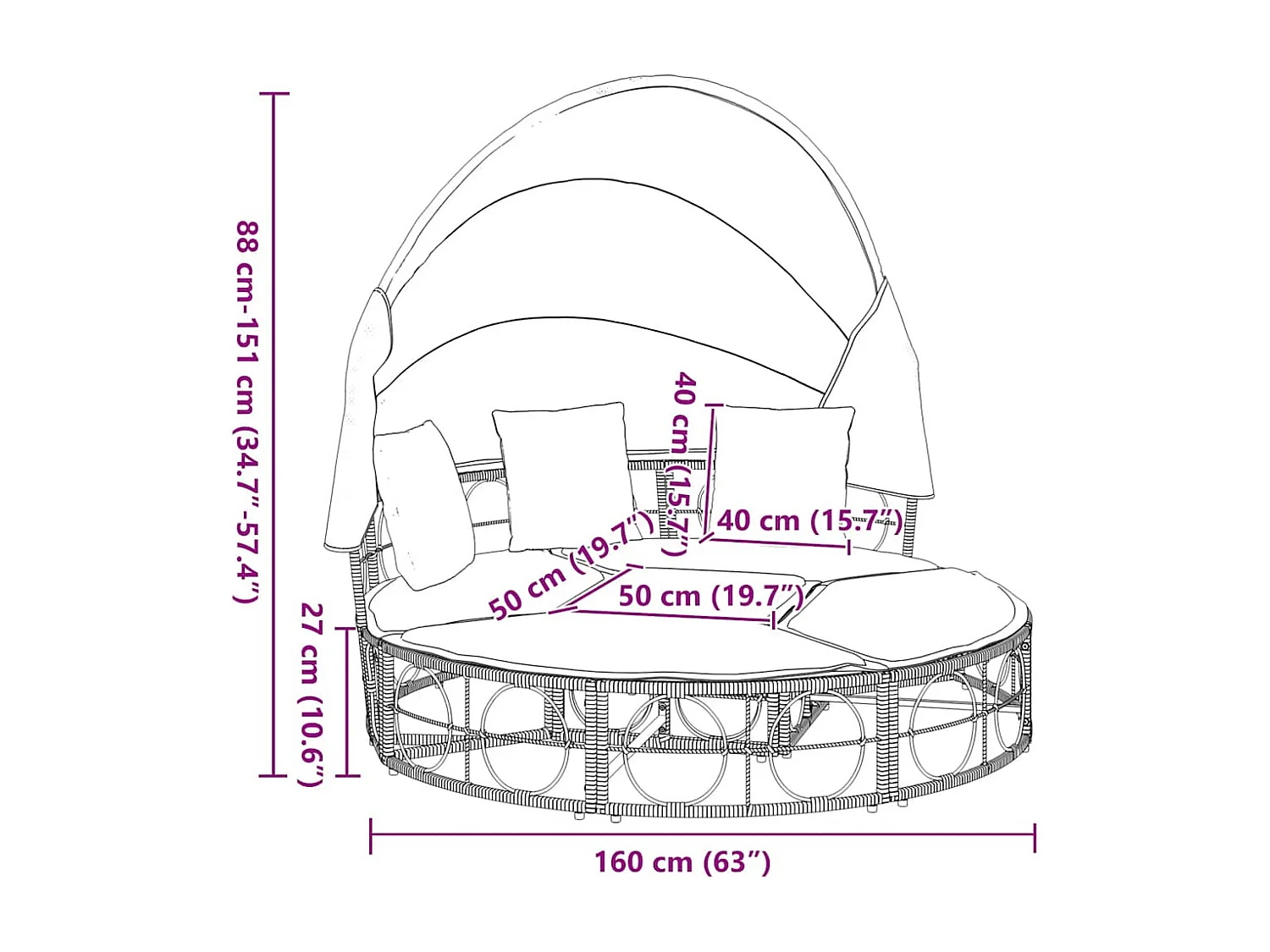 Lit de repos d'extérieur avec auvent et coussins résine tressée