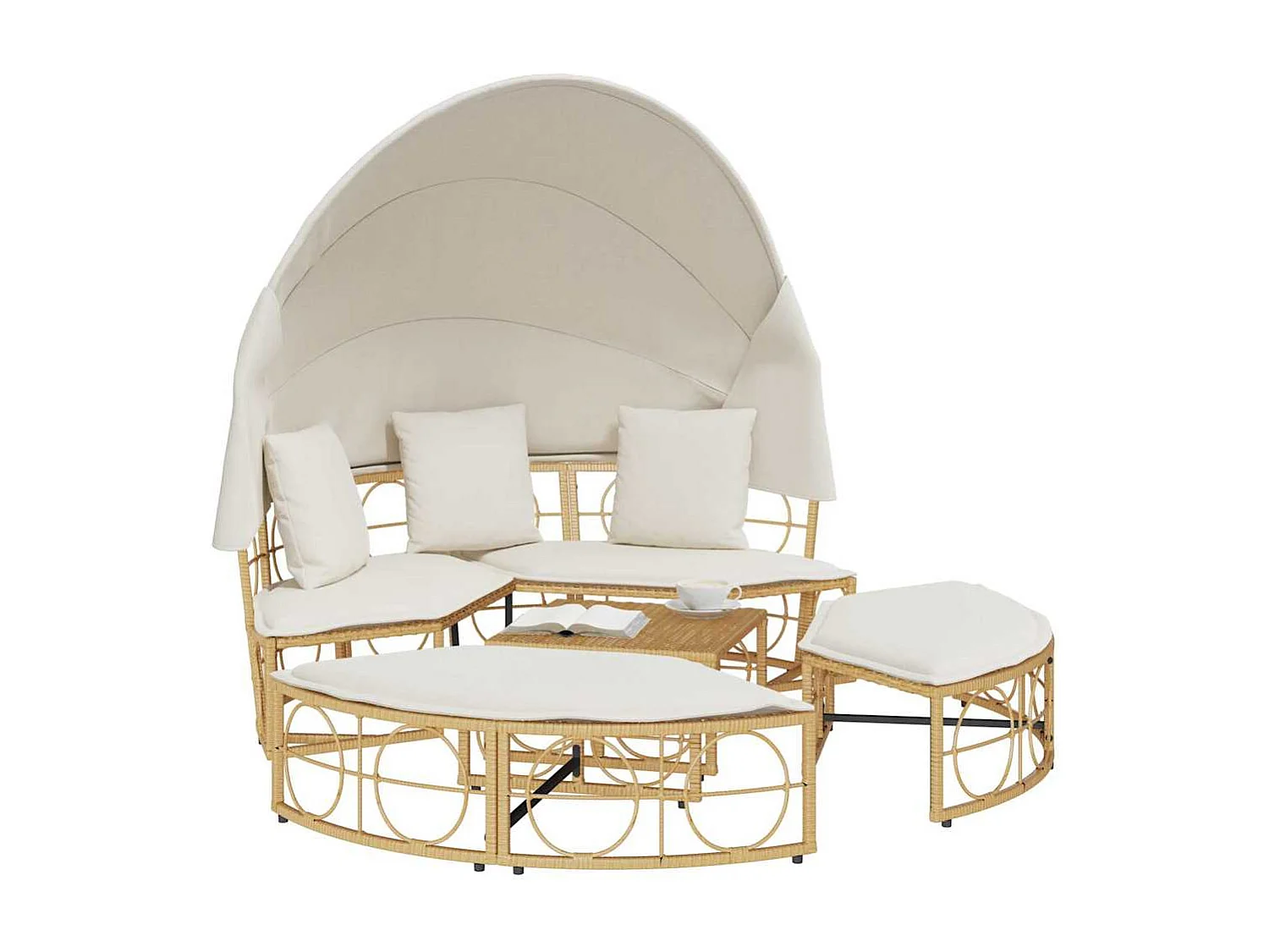 Lit de repos d'extérieur avec auvent et coussins résine tressée