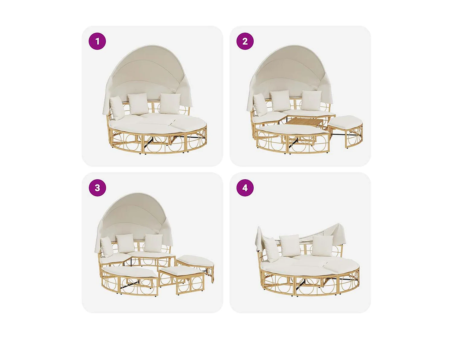 Lit de repos d'extérieur avec auvent et coussins résine tressée