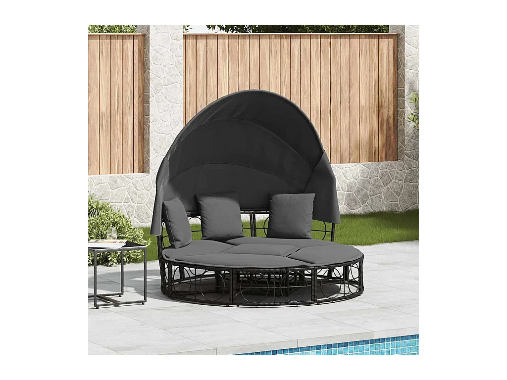 Tumbona cama de jardín con capota y cojines ratán PE negro
