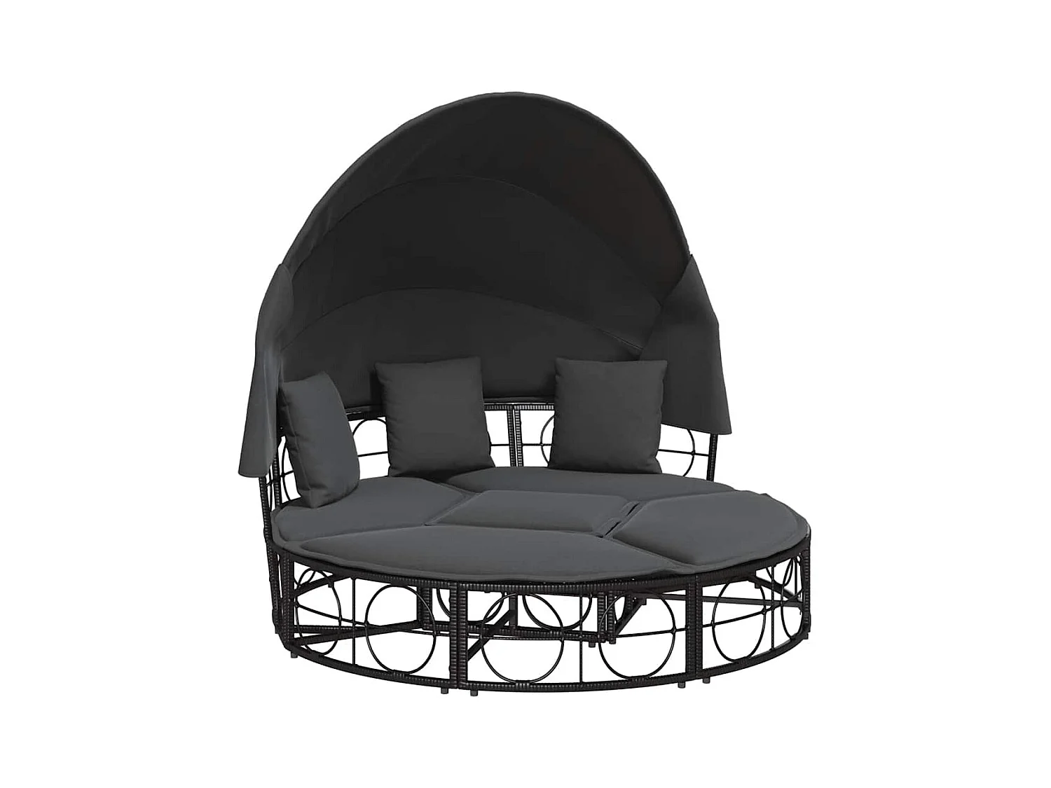 Tumbona cama de jardín con capota y cojines ratán PE negro