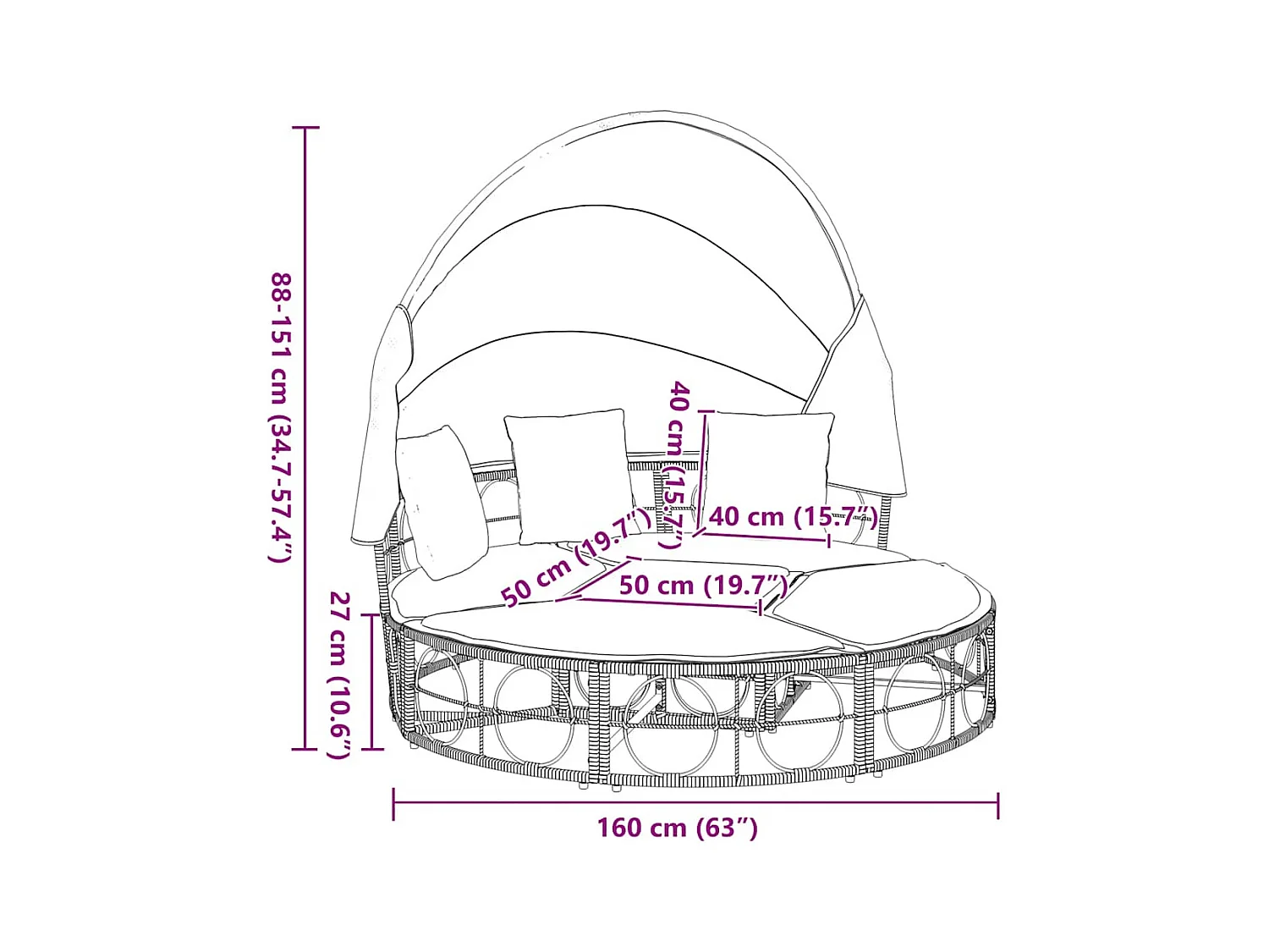Tumbona cama de jardín con capota y cojines ratán PE negro