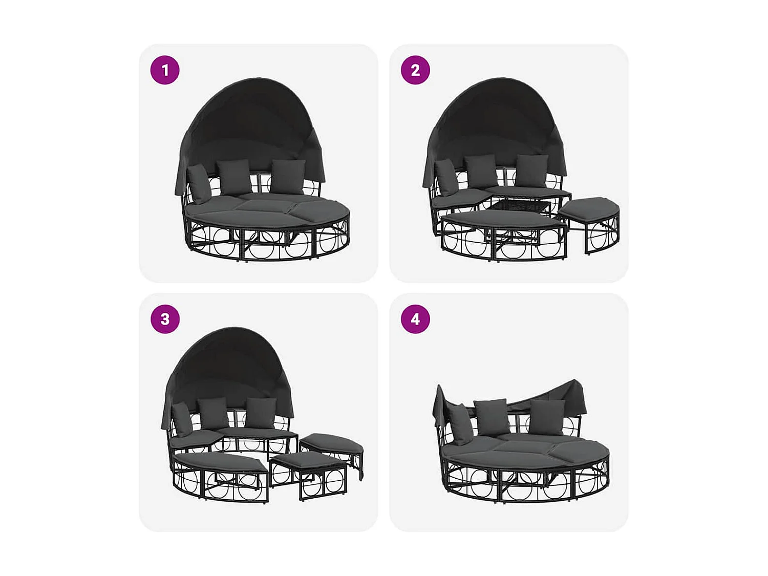 Tumbona cama de jardín con capota y cojines ratán PE negro