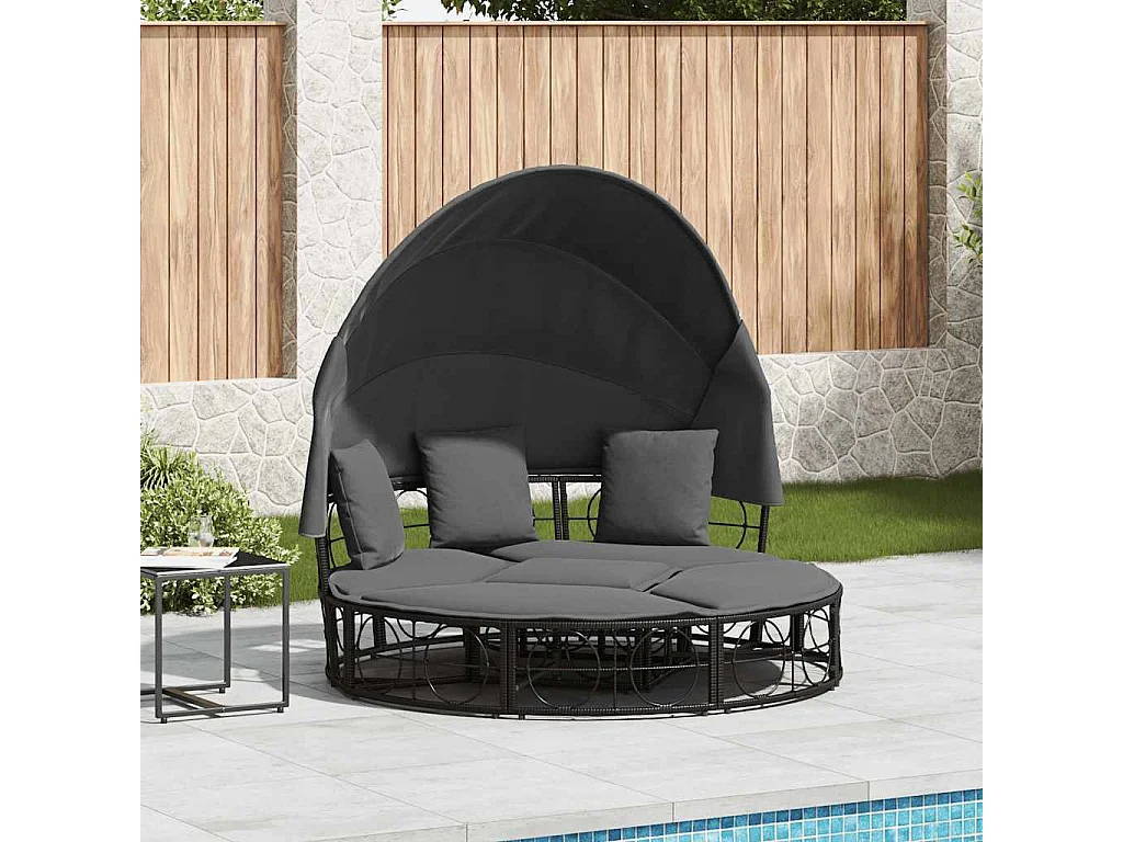 Outdoor-Loungebett mit Dach und Kissen Schwarz Poly Rattan