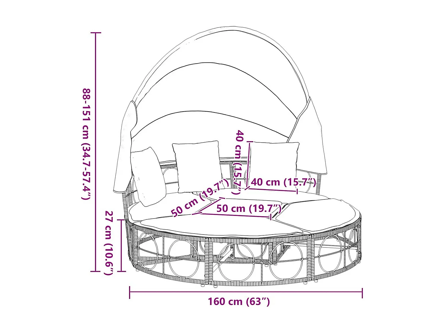 Outdoor-Loungebett mit Dach und Kissen Schwarz Poly Rattan