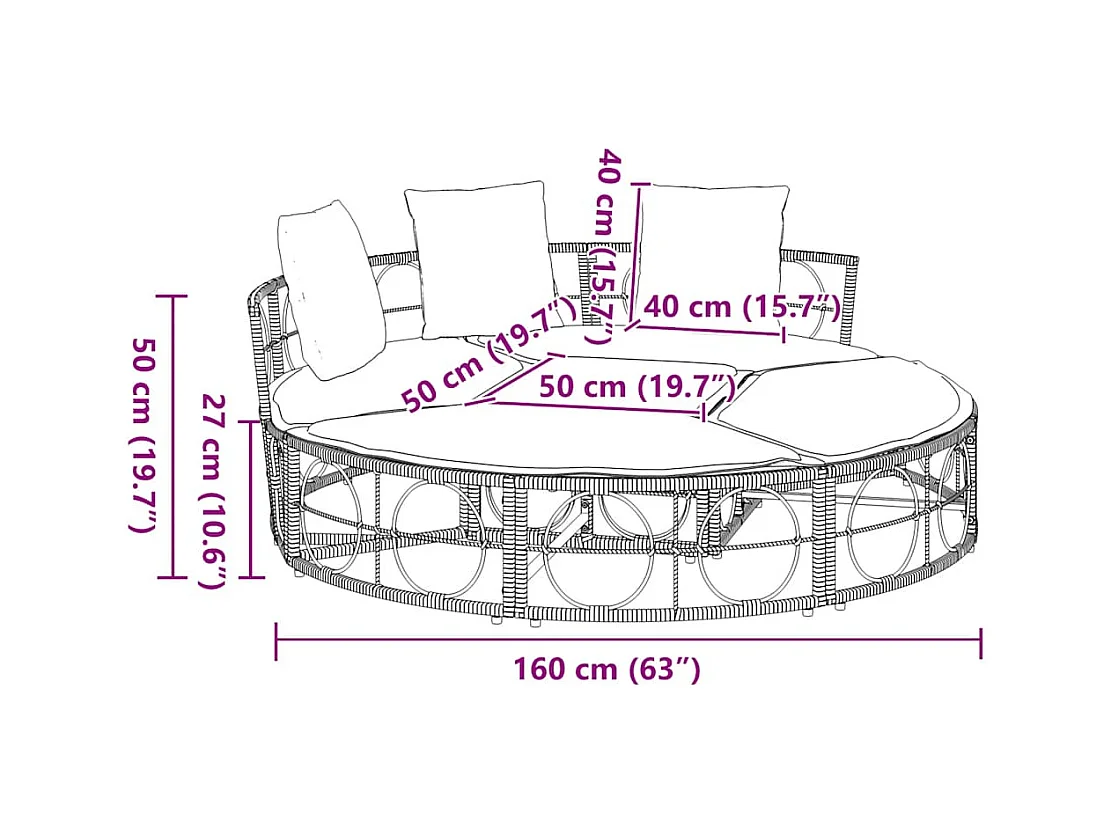 Lit de salon d'extérieur sans auvent noir résine tressée