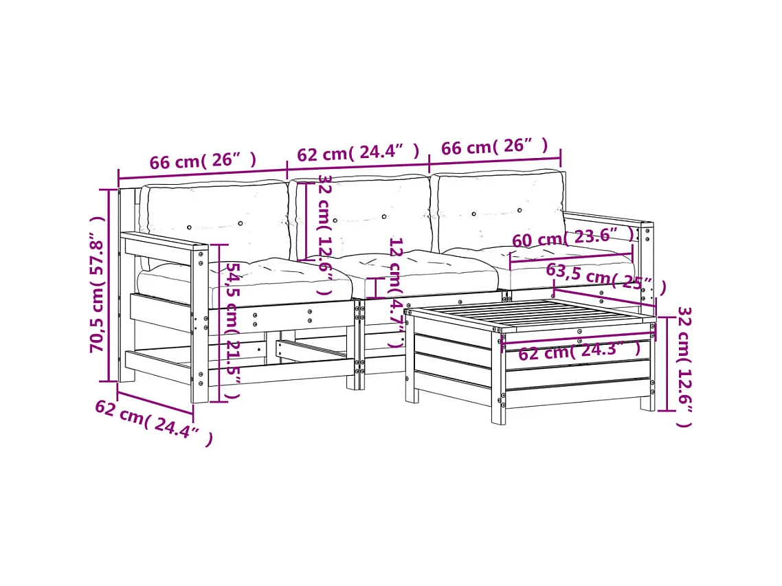 Salon de jardin 4 pcs avec coussins bois massif douglas