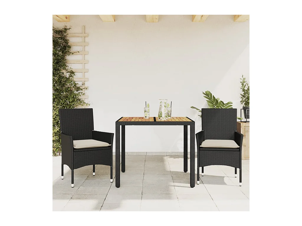 3 pcs conjunto jantar jardim c/ almofadões vime PE/acácia preto