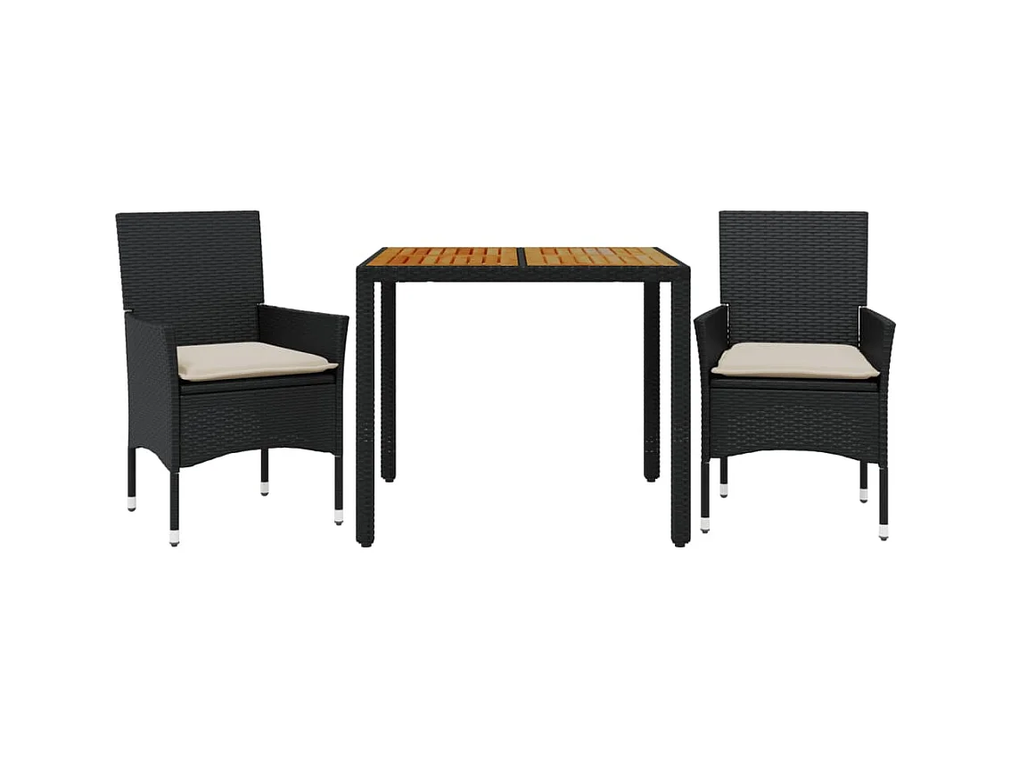 3 pcs conjunto jantar jardim c/ almofadões vime PE/acácia preto