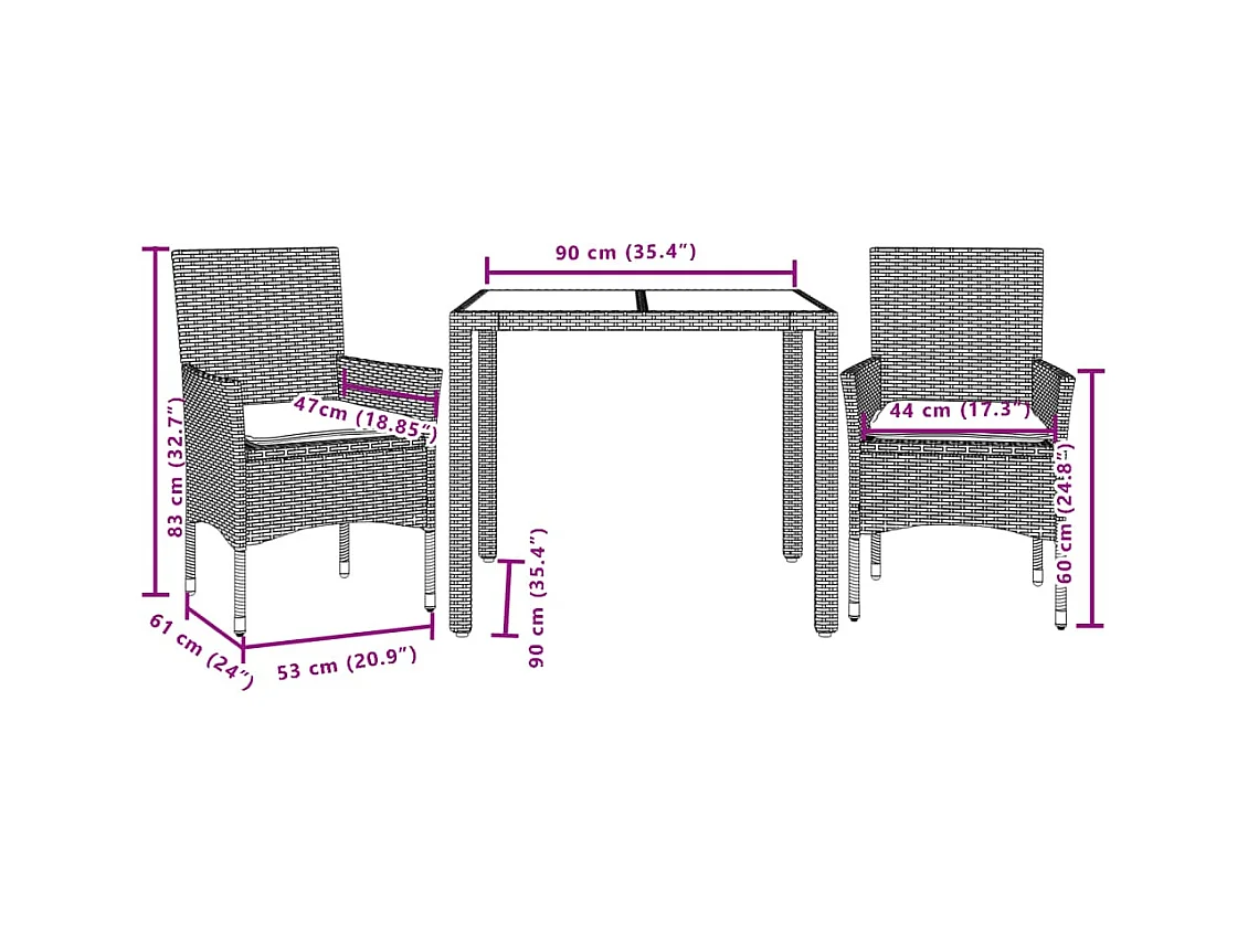 3 pcs conjunto jantar jardim c/ almofadões vime PE/acácia preto