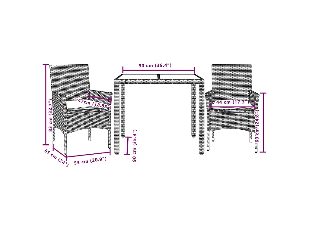 3-delige Tuinset met kussens poly rattan en acaciahout zwart