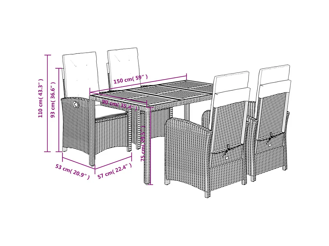 5-delige Tuinset met kussens poly rattan zwart