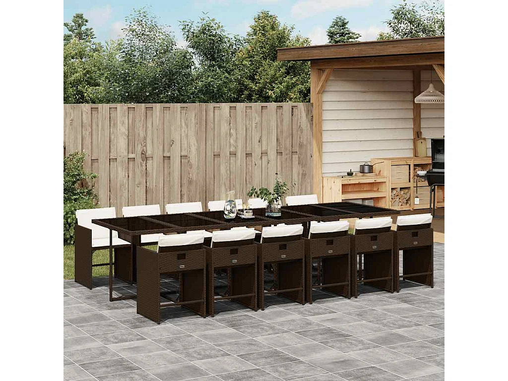 Set da Pranzo da Giardino 13pz con Cuscini Marrone Polyrattan