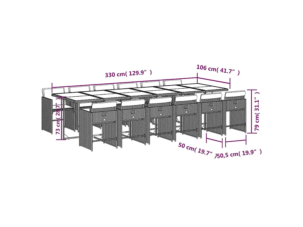 Ensemble à manger de jardin avec coussins 13 pcs marron rotin