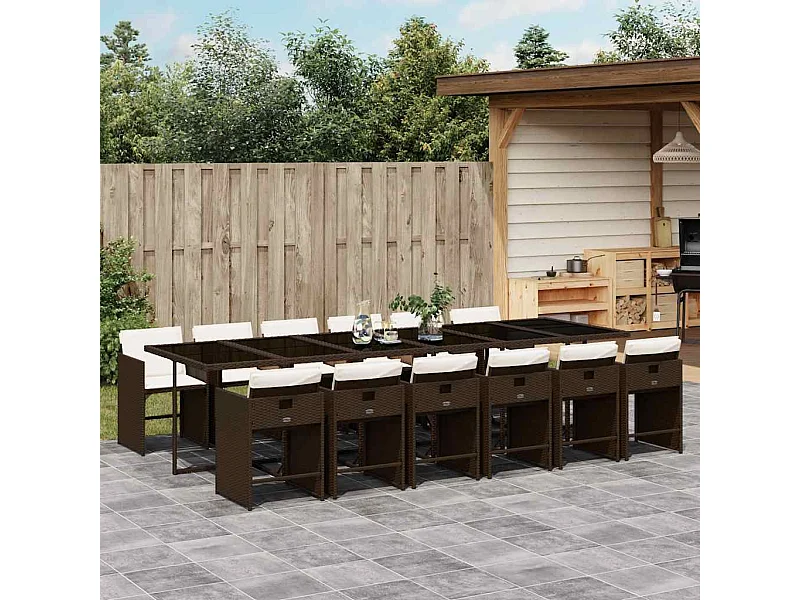 Set da Pranzo da Giardino 13pz con Cuscini Marrone Polyrattan